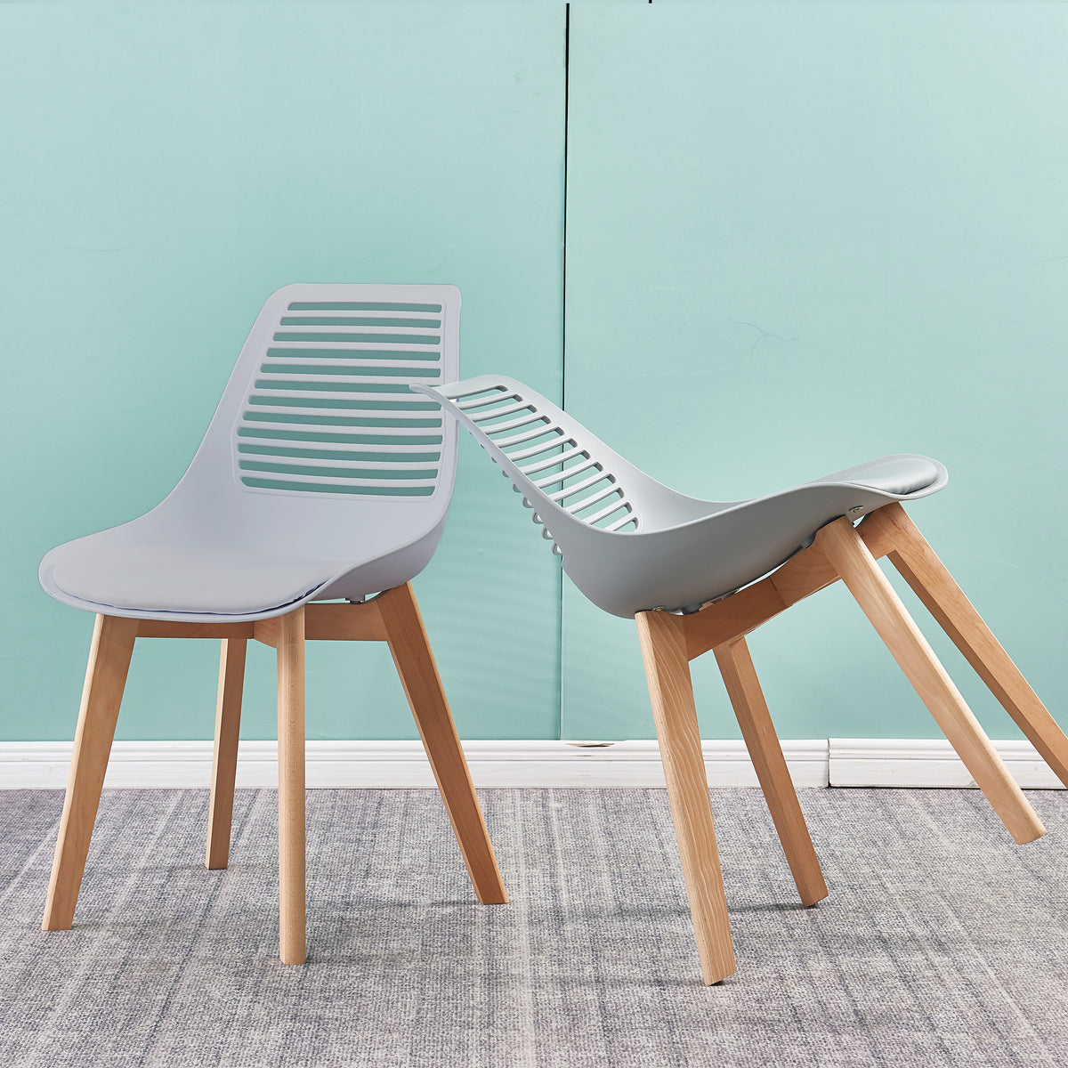 Plastic chair for living room, dining chair with wood leg（set of 2 Gray color）