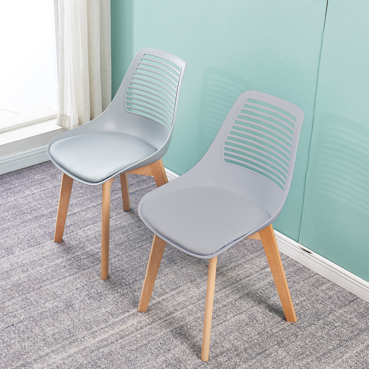 Plastic chair for living room, dining chair with wood leg（set of 2 Gray color）