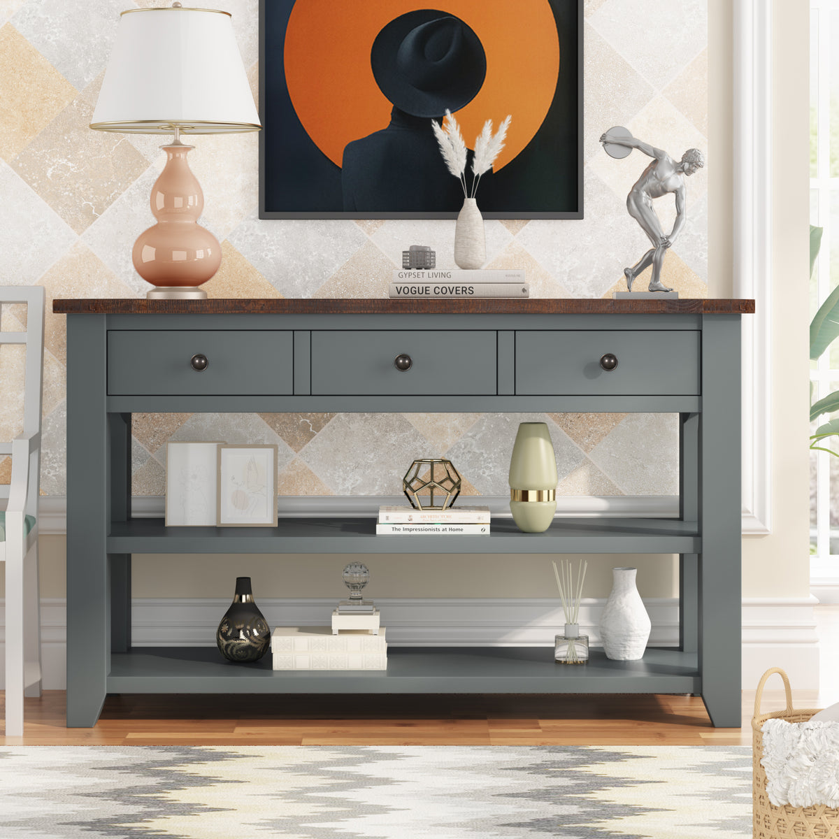 48'' Modern Console Table  Sofa Table for Living Room with 3 Drawers and 2 Shelves, Solid Wood Top (Pine)