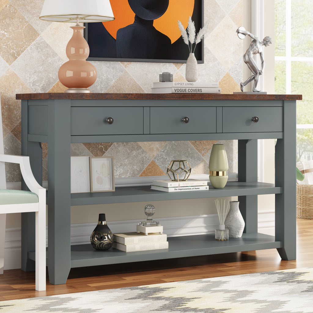 48'' Modern Console Table  Sofa Table for Living Room with 3 Drawers and 2 Shelves, Solid Wood Top (Pine)