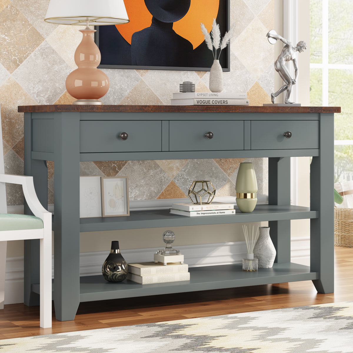 48'' Modern Console Table  Sofa Table for Living Room with 3 Drawers and 2 Shelves, Solid Wood Top (Pine)