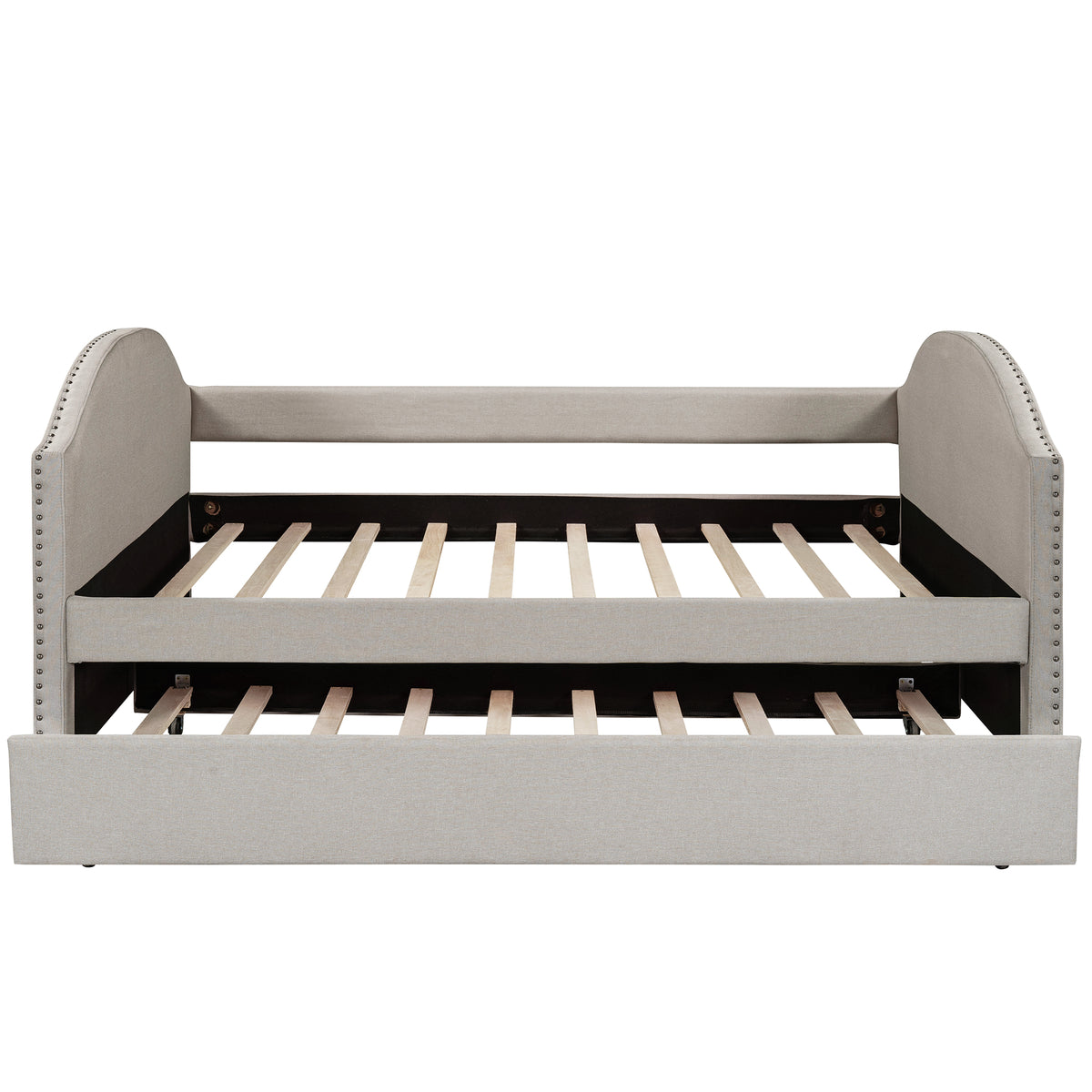 Full size Upholstered Daybed with Twin Size Trundle, Wood Slat Support, Beige