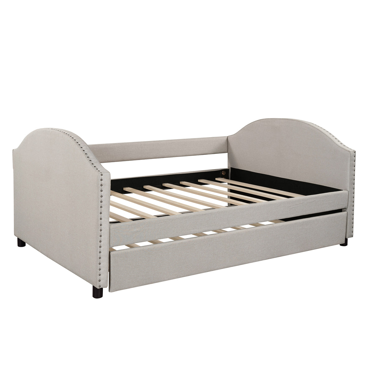 Full size Upholstered Daybed with Twin Size Trundle, Wood Slat Support, Beige
