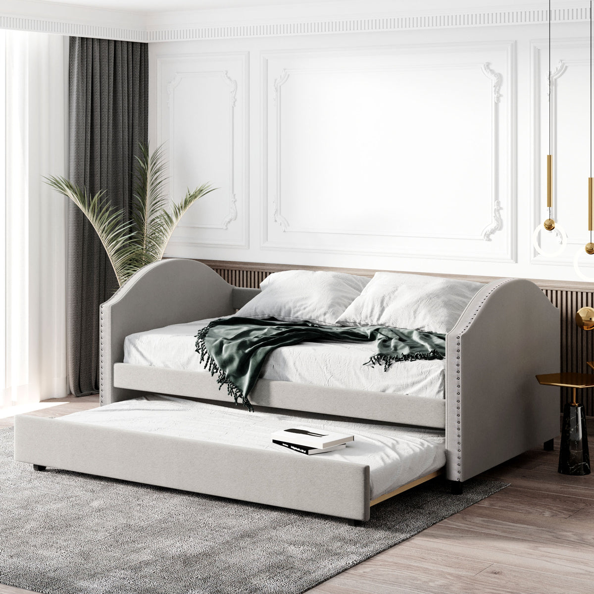 Full size Upholstered Daybed with Twin Size Trundle, Wood Slat Support, Beige