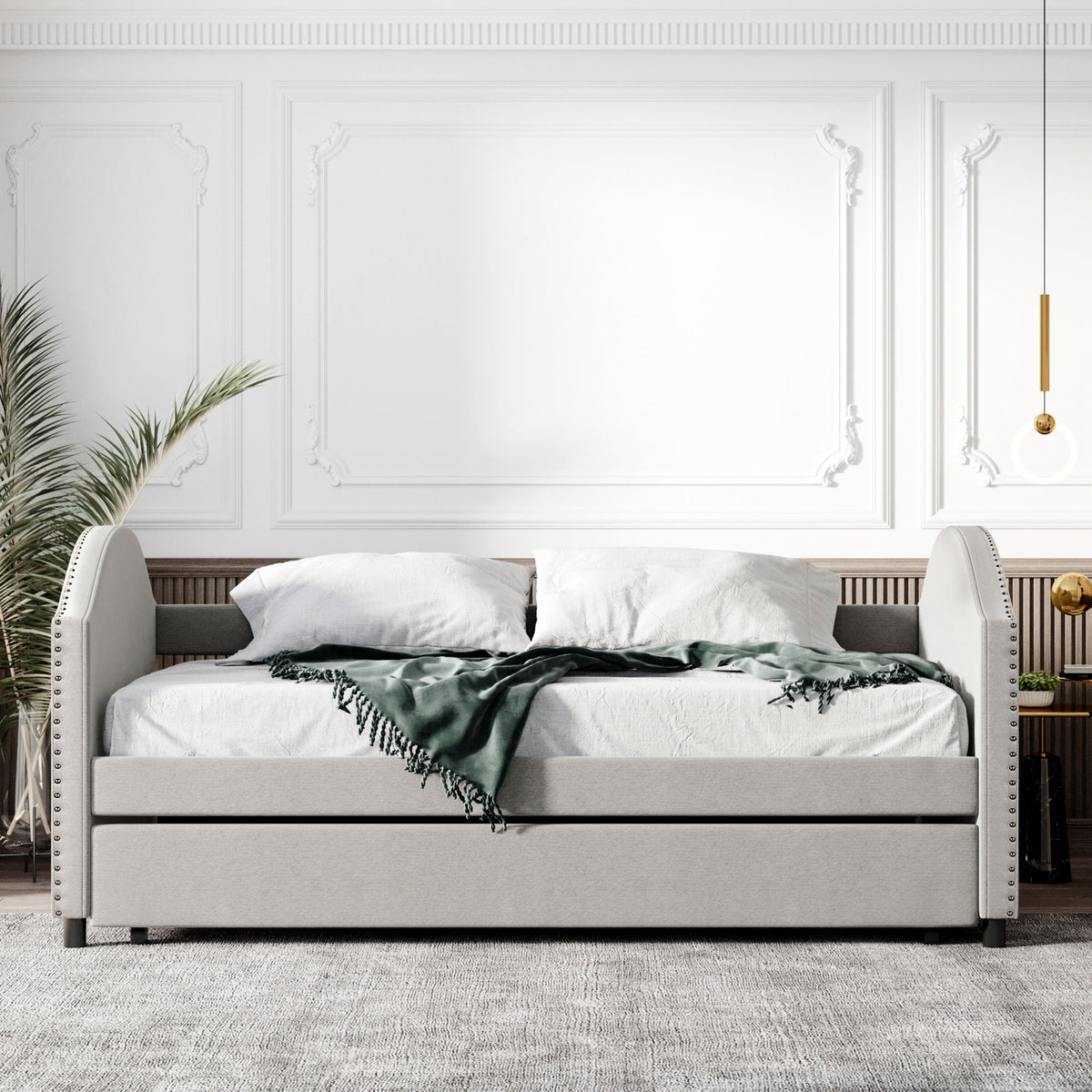 Full size Upholstered Daybed with Twin Size Trundle, Wood Slat Support, Beige