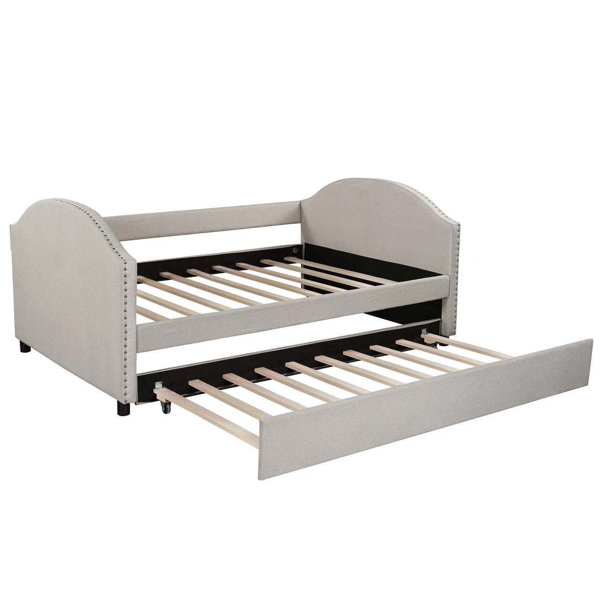 Full size Upholstered Daybed with Twin Size Trundle, Wood Slat Support, Beige