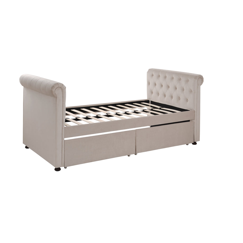 Twin Size Upholstered daybed with Drawers, Wood Slat Support, Beige