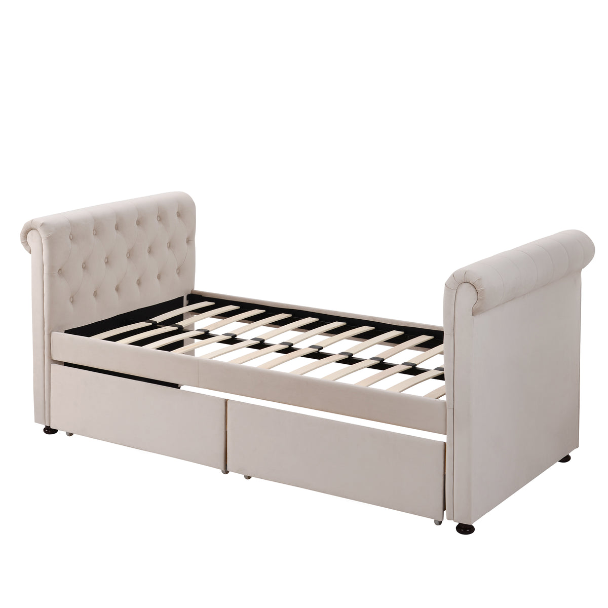 Twin Size Upholstered daybed with Drawers, Wood Slat Support, Beige