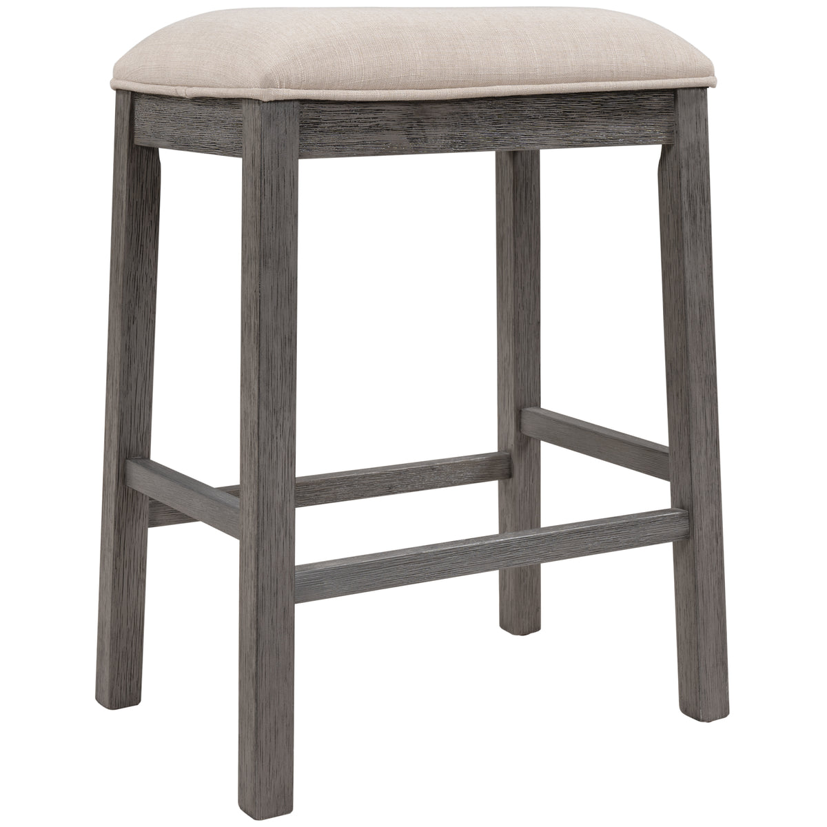 Farmhouse Rustic 3-piece Counter Height Wood Kitchen Dining Table Set with 2 Stools for Small Places, Gray+Beige Cushion