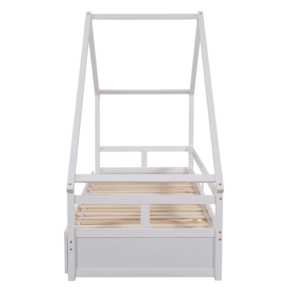 Extending Daybed with Two Drawers, Wooden House Bed with Drawers, White