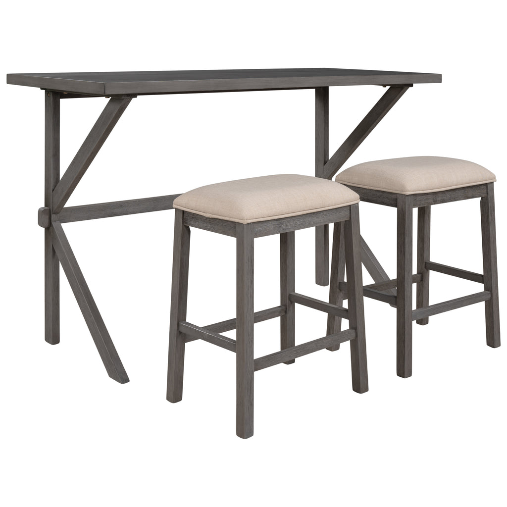 Farmhouse Rustic 3-piece Counter Height Wood Kitchen Dining Table Set with 2 Stools for Small Places, Gray+Beige Cushion