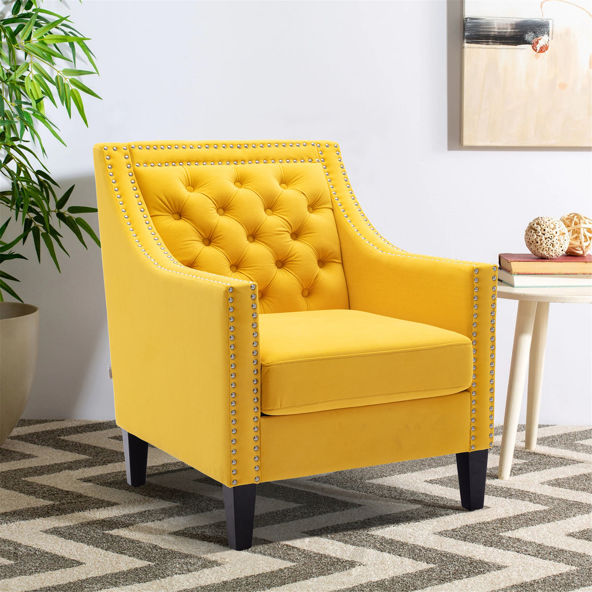 accent armchair living room chair  with nailheads and solid wood legs