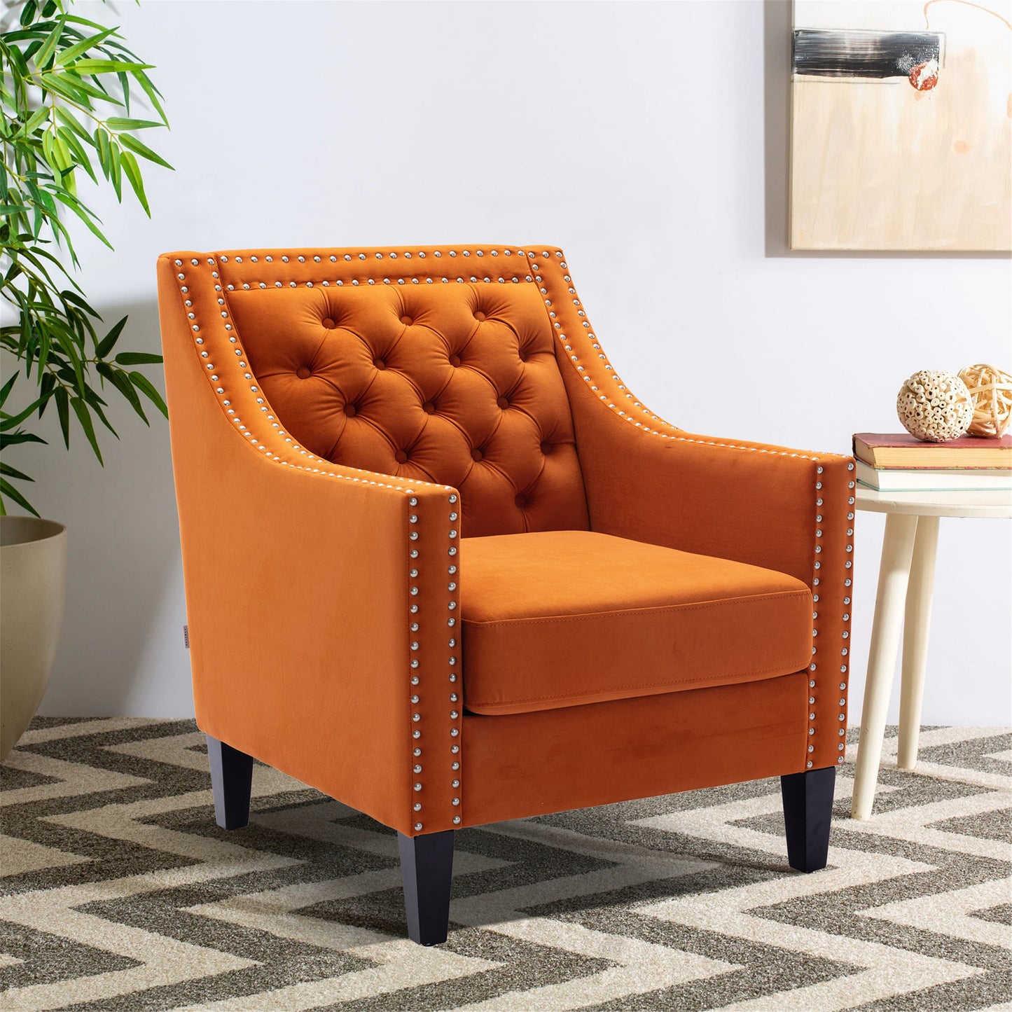 accent armchair living room chair  with nailheads and solid wood legs