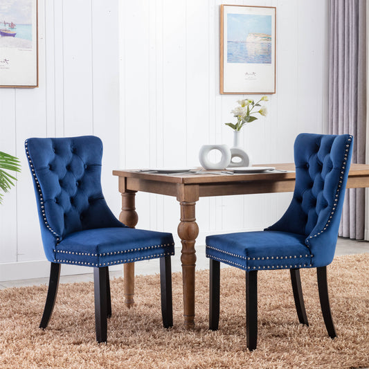 AA Furniture,Nikki Collection Modern, High-end Tufted Solid Wood Contemporary Velvet Upholstered Dining Chair with Wood Legs  Nailhead Trim 2-Pcs Set, Blue
