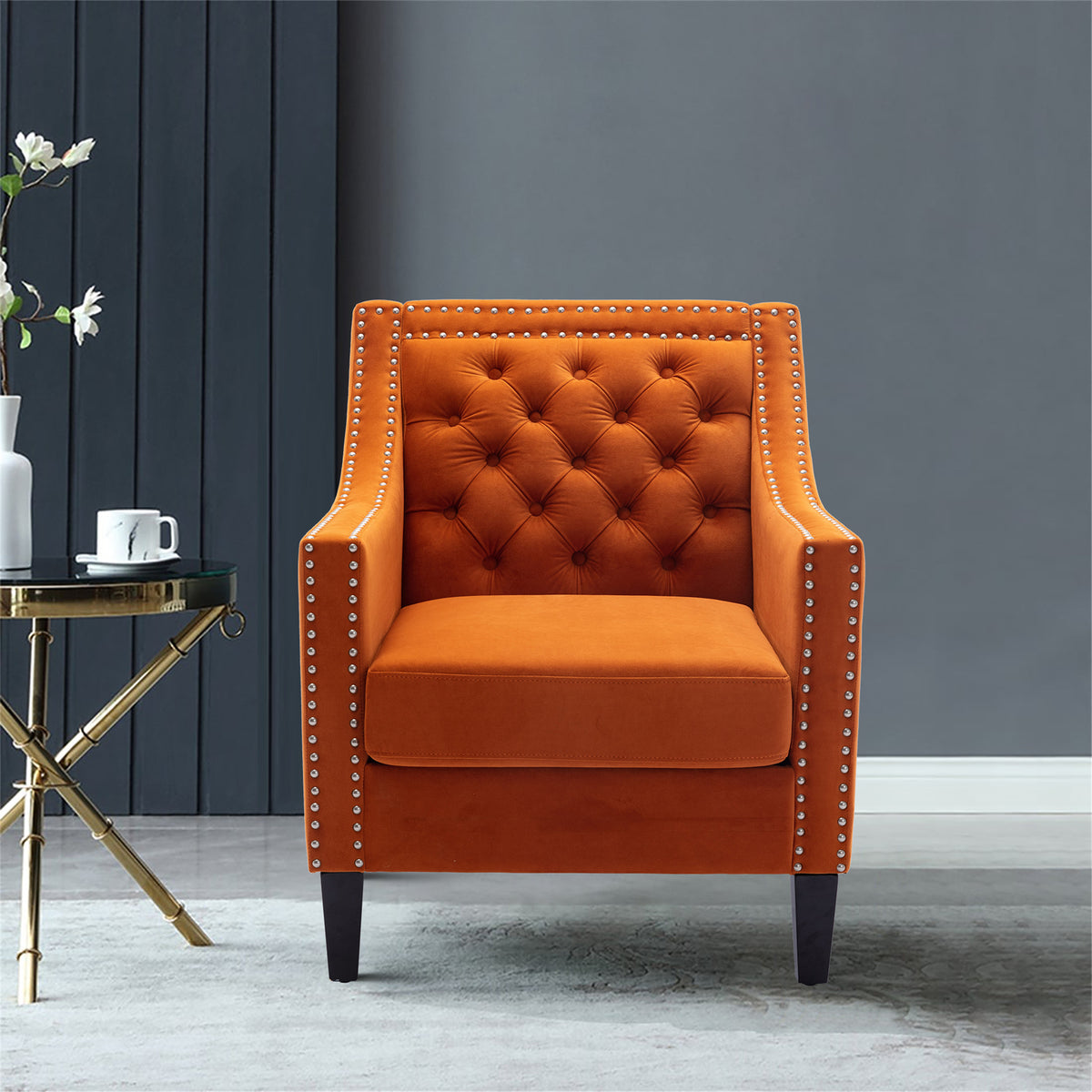 accent armchair living room chair  with nailheads and solid wood legs