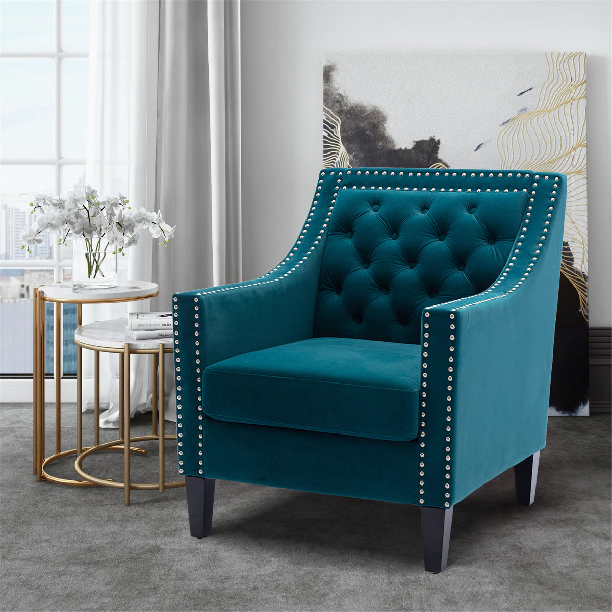 accent armchair living room chair  with nailheads and solid wood legs