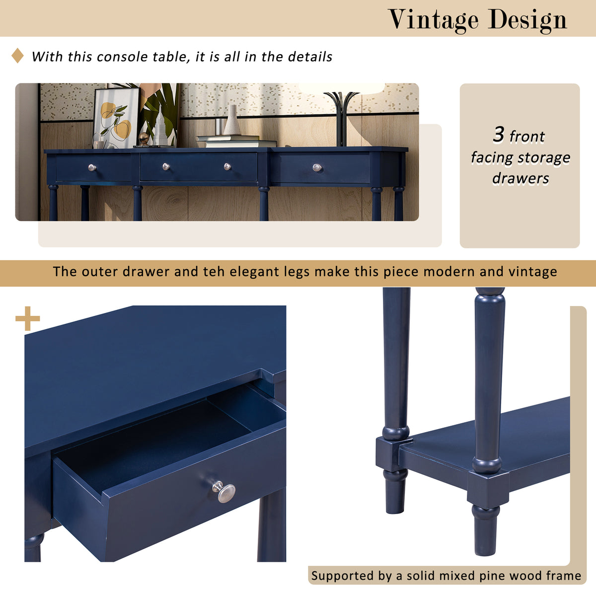 Solid Wood Console Table, Classic Entryway Table with Storage Shelf and Drawer for Home
