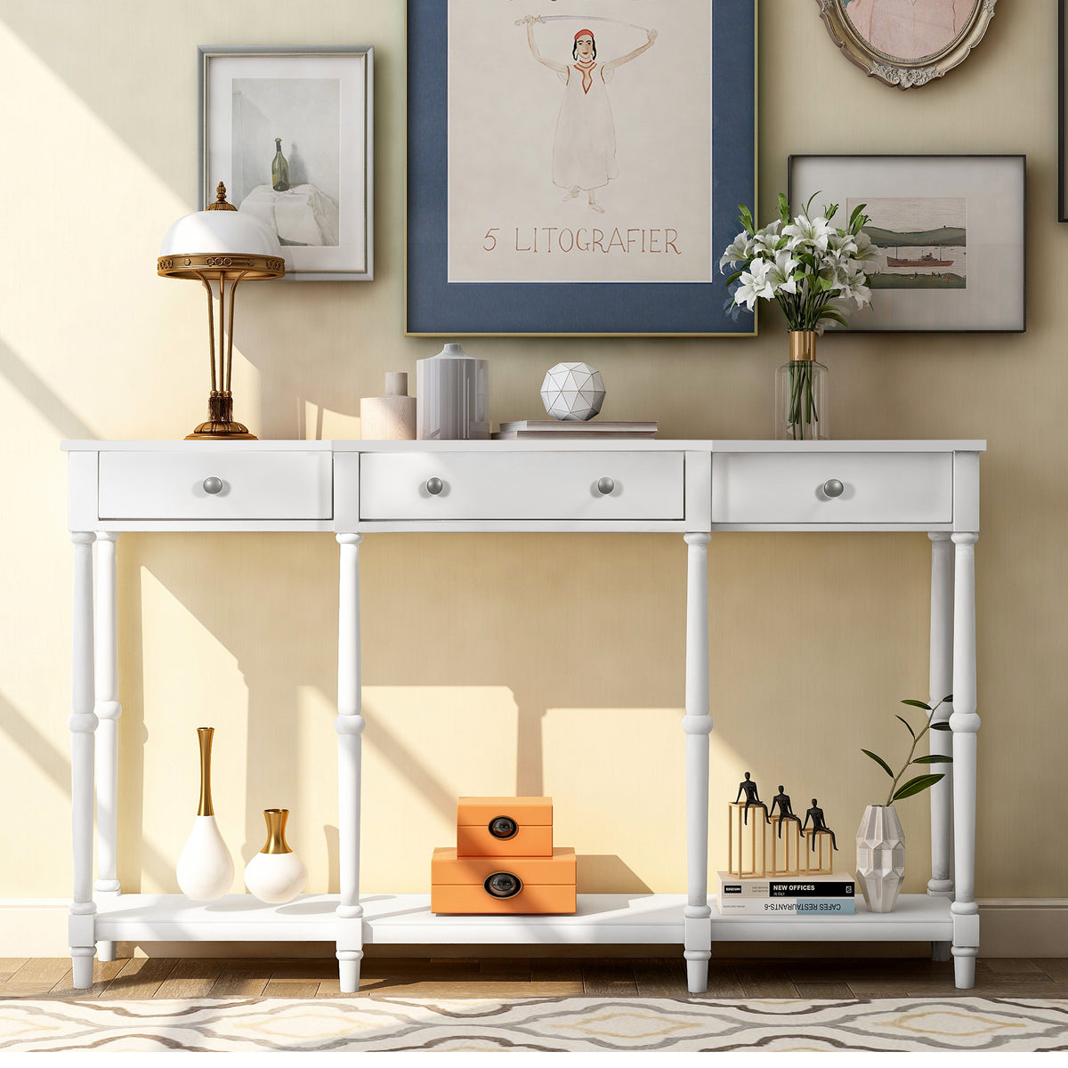Solid Wood Console Table, Classic Entryway Table with Storage Shelf and Drawer for Home