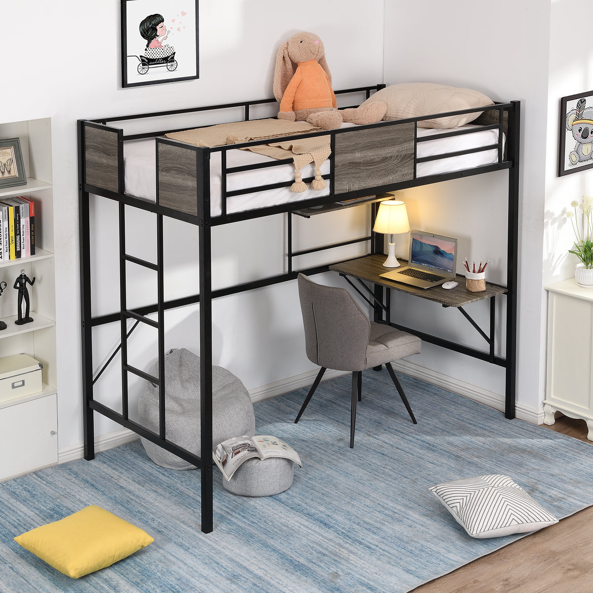 Loft Bed with Storage Shelves, Pine Wooden Loft Bed , Twin