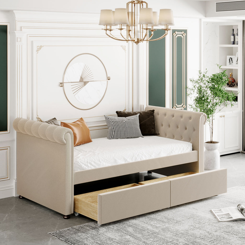 Twin Size Upholstered daybed with Drawers, Wood Slat Support, Beige
