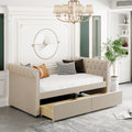 Twin Size Upholstered daybed with Drawers, Wood Slat Support, Beige