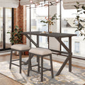 Farmhouse Rustic 3-piece Counter Height Wood Kitchen Dining Table Set with 2 Stools for Small Places, Gray+Beige Cushion