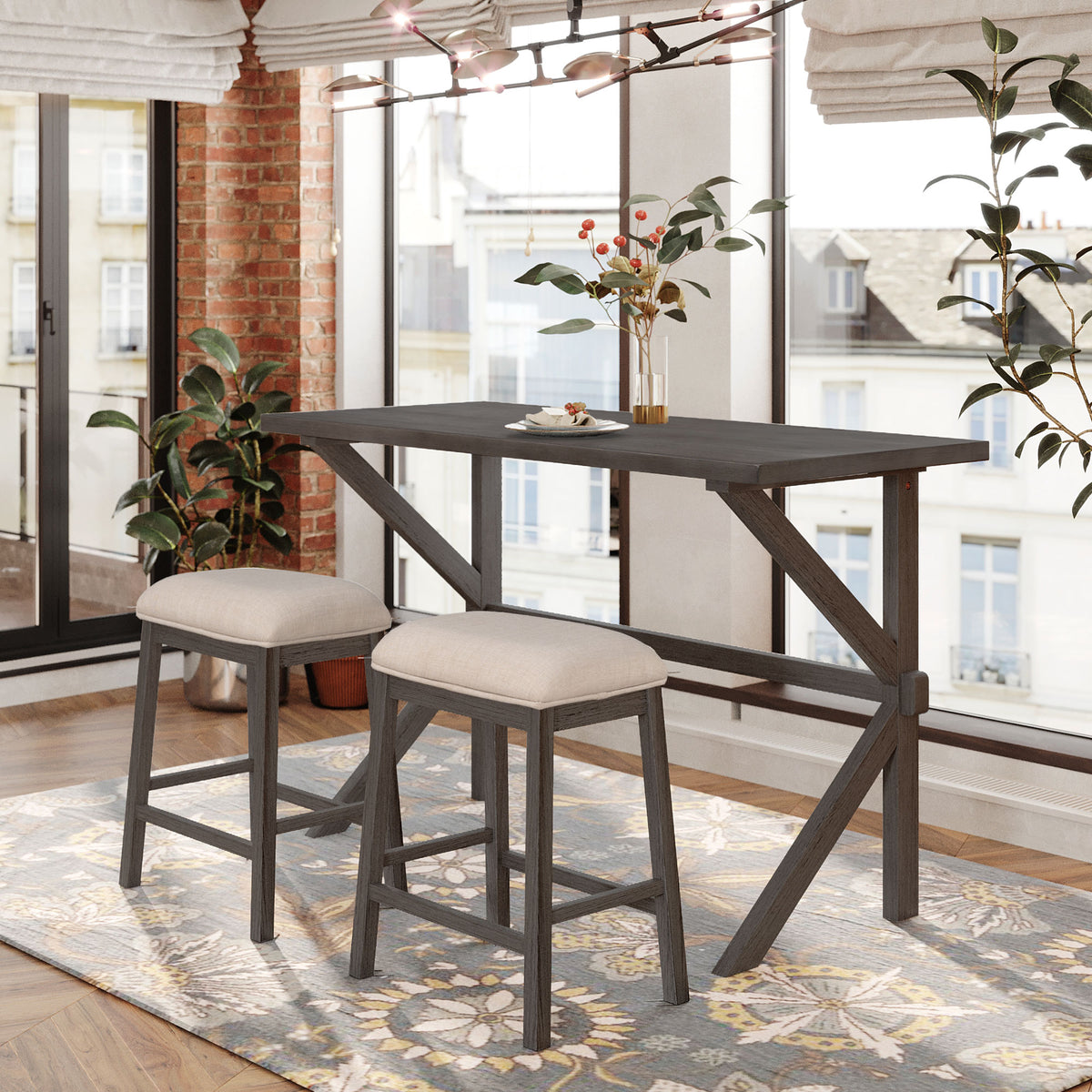 Farmhouse Rustic 3-piece Counter Height Wood Kitchen Dining Table Set with 2 Stools for Small Places, Gray+Beige Cushion