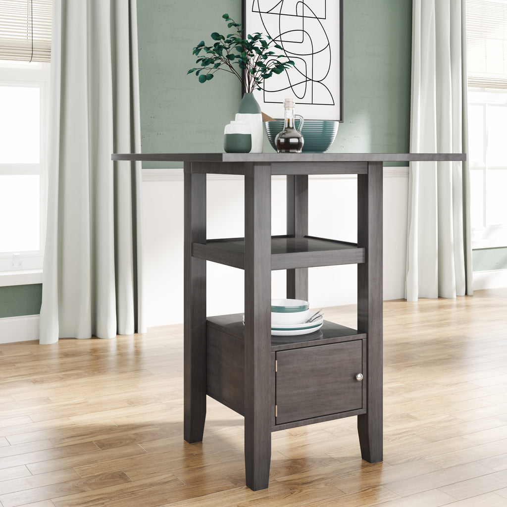 Counter Height Wood Kitchen Dining Table Set with Storage Cupboard and Shelf for Small Places, Gray