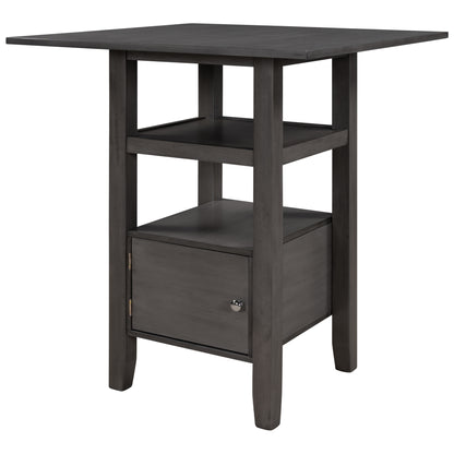 Counter Height Wood Kitchen Dining Table Set with Storage Cupboard and Shelf for Small Places, Gray