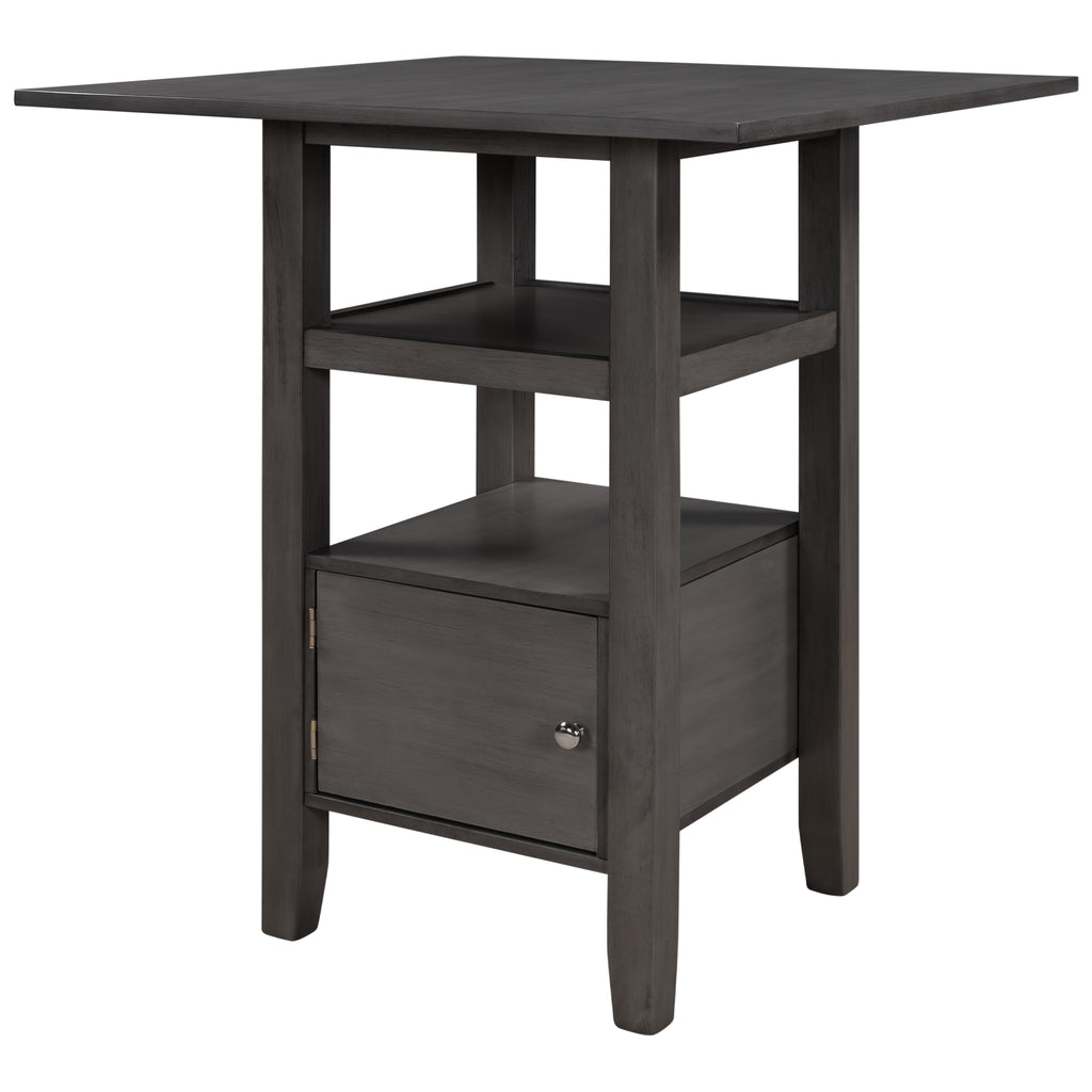 Counter Height Wood Kitchen Dining Table Set with Storage Cupboard and Shelf for Small Places, Gray