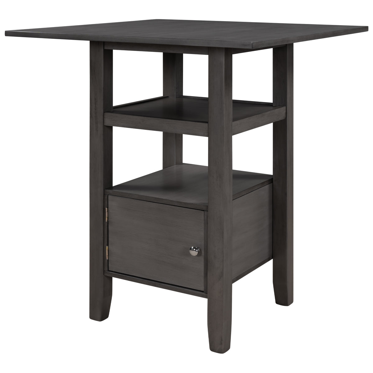 Counter Height Wood Kitchen Dining Table Set with Storage Cupboard and Shelf for Small Places, Gray