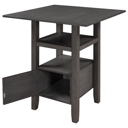 Counter Height Wood Kitchen Dining Table Set with Storage Cupboard and Shelf for Small Places, Gray