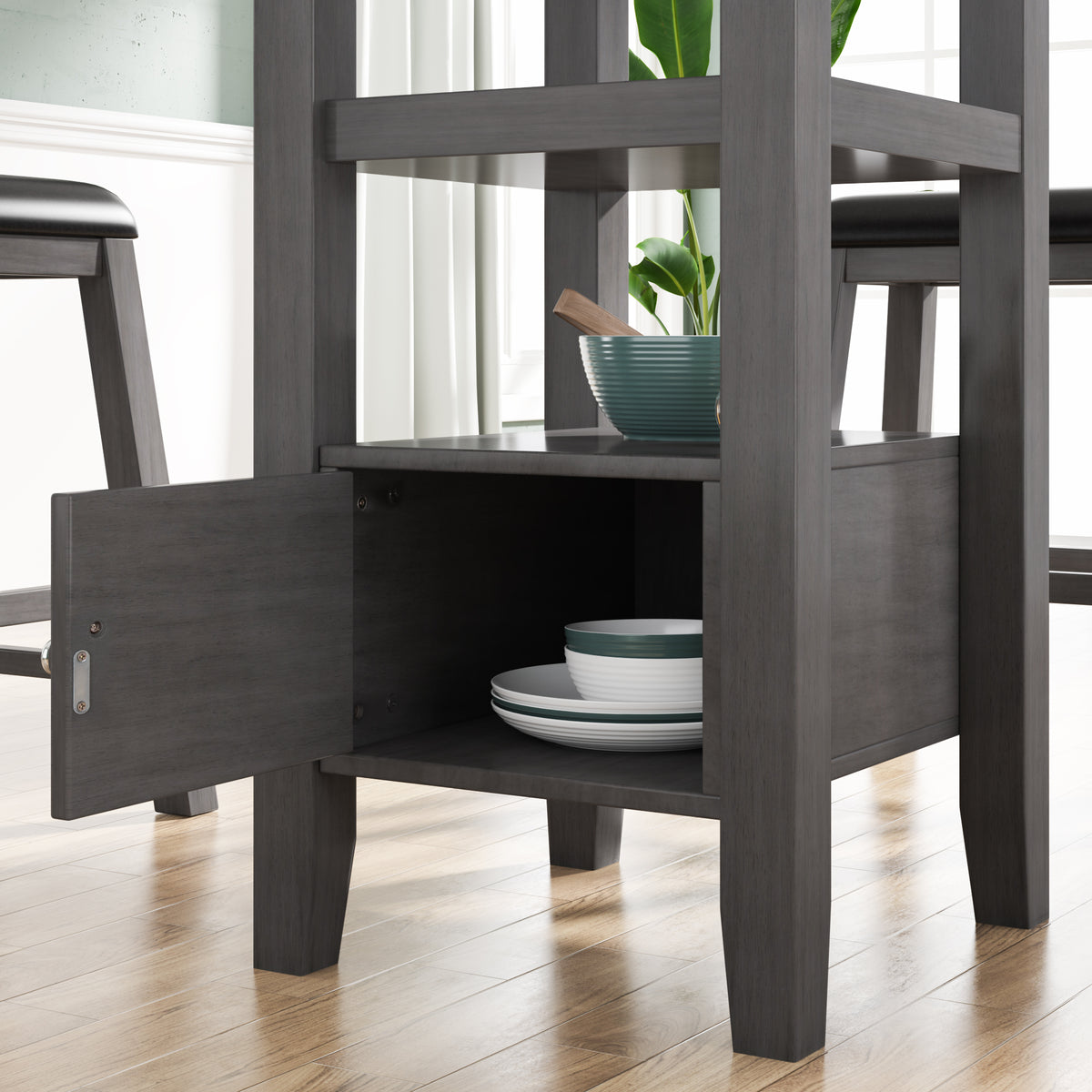 Counter Height Wood Kitchen Dining Table Set with Storage Cupboard and Shelf for Small Places, Gray