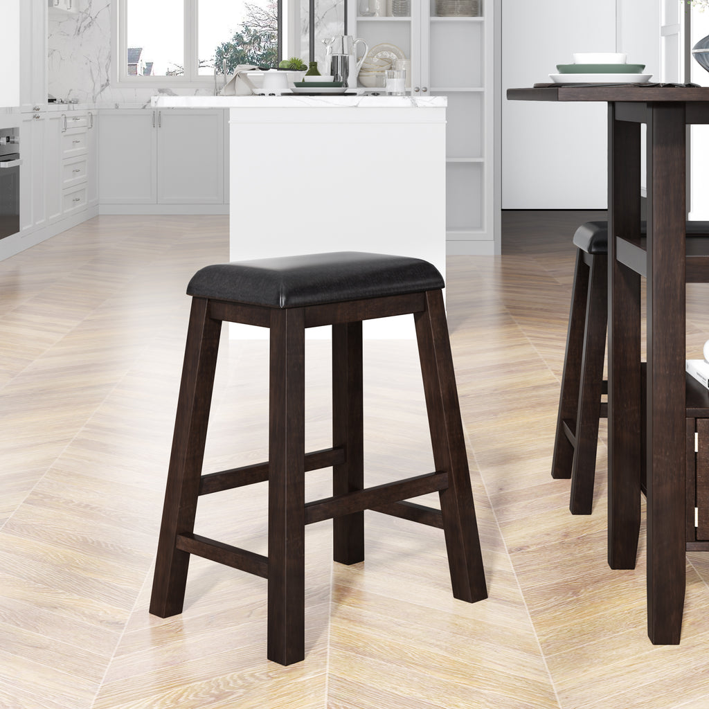 4 Pieces Counter Height Wood Kitchen Dining Upholstered Stools for Small Places, Brown Finish+ Black Cushion