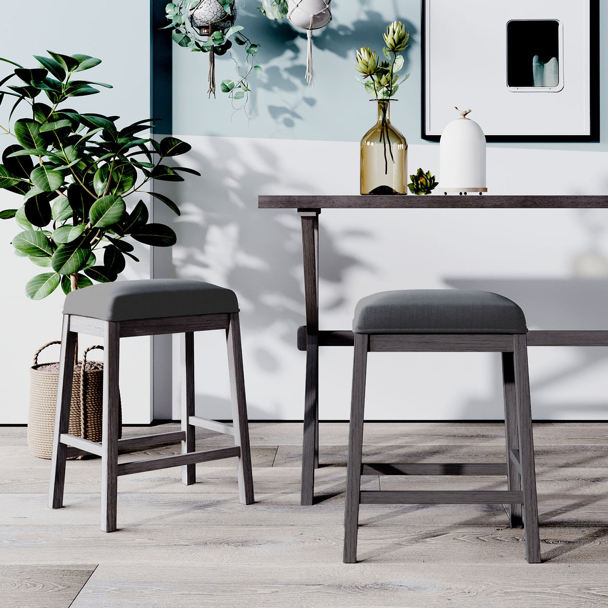 Farmhouse Rustic 2-piece Counter Height Wood Kitchen Dining Stools for Small Places, Gray