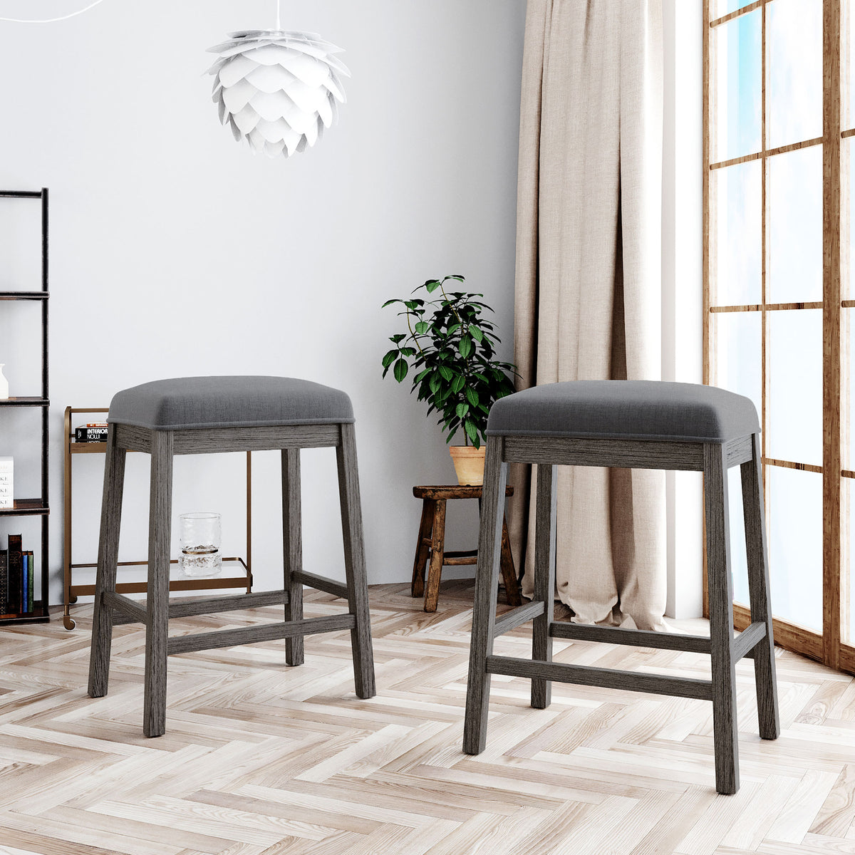 Farmhouse Rustic 2-piece Counter Height Wood Kitchen Dining Stools for Small Places, Gray