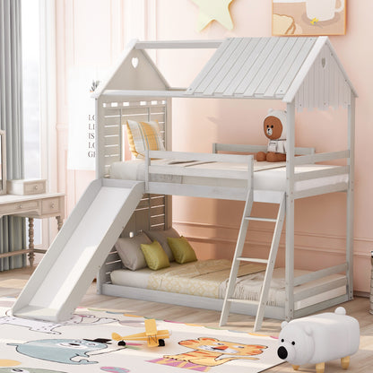 Twin Over Twin Bunk Bed Wood Bed with Roof, Window, Slide, Ladder for Kids, Teens, Girls, Boys ( Antique White )