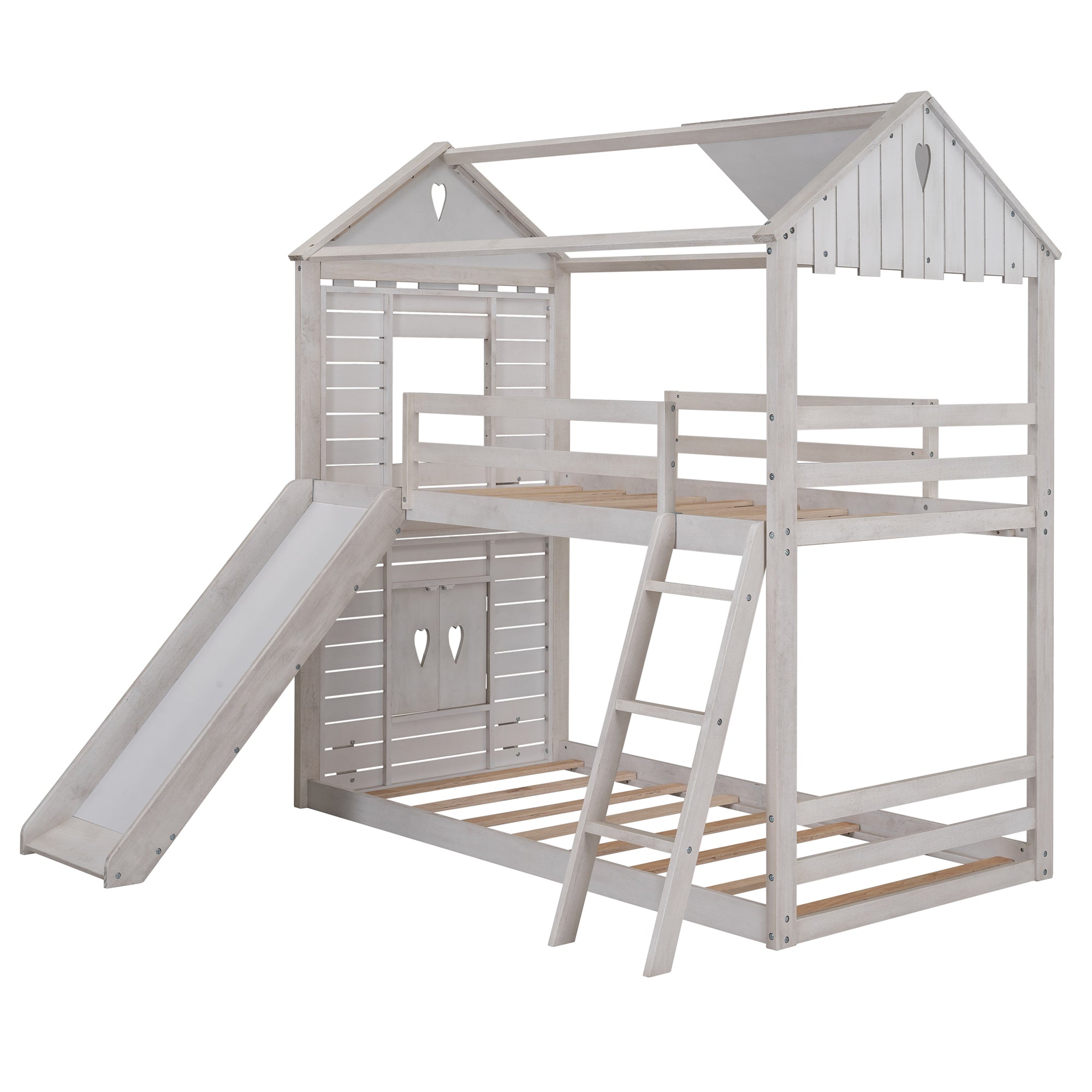 Twin Over Twin Bunk Bed Wood Bed with Roof, Window, Slide, Ladder for Kids, Teens, Girls, Boys ( Antique White )