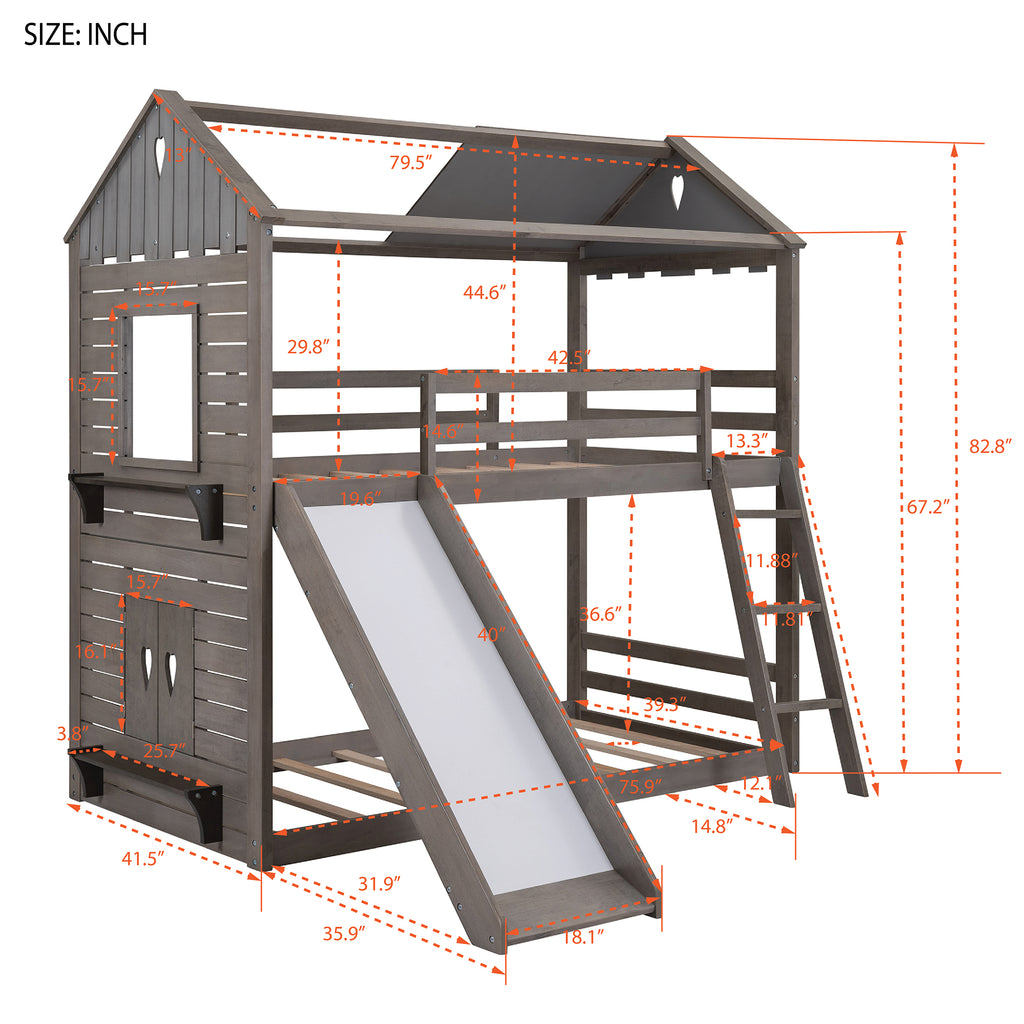 Twin Over Twin Bunk Bed Wood Bed with Roof, Window, Slide, Ladder for Kids, Teens, Girls, Boys ( Antique Gray )