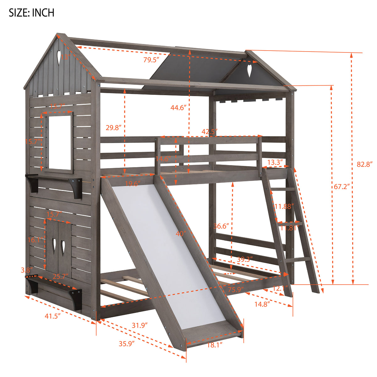 Twin Over Twin Bunk Bed Wood Bed with Roof, Window, Slide, Ladder for Kids, Teens, Girls, Boys ( Antique Gray )