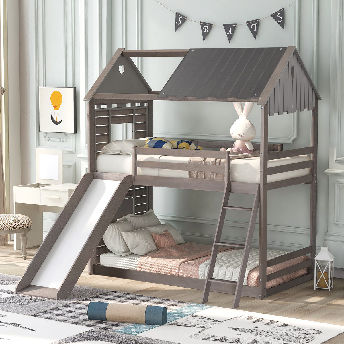 Twin Over Twin Bunk Bed Wood Bed with Roof, Window, Slide, Ladder for Kids, Teens, Girls, Boys ( Antique Gray )
