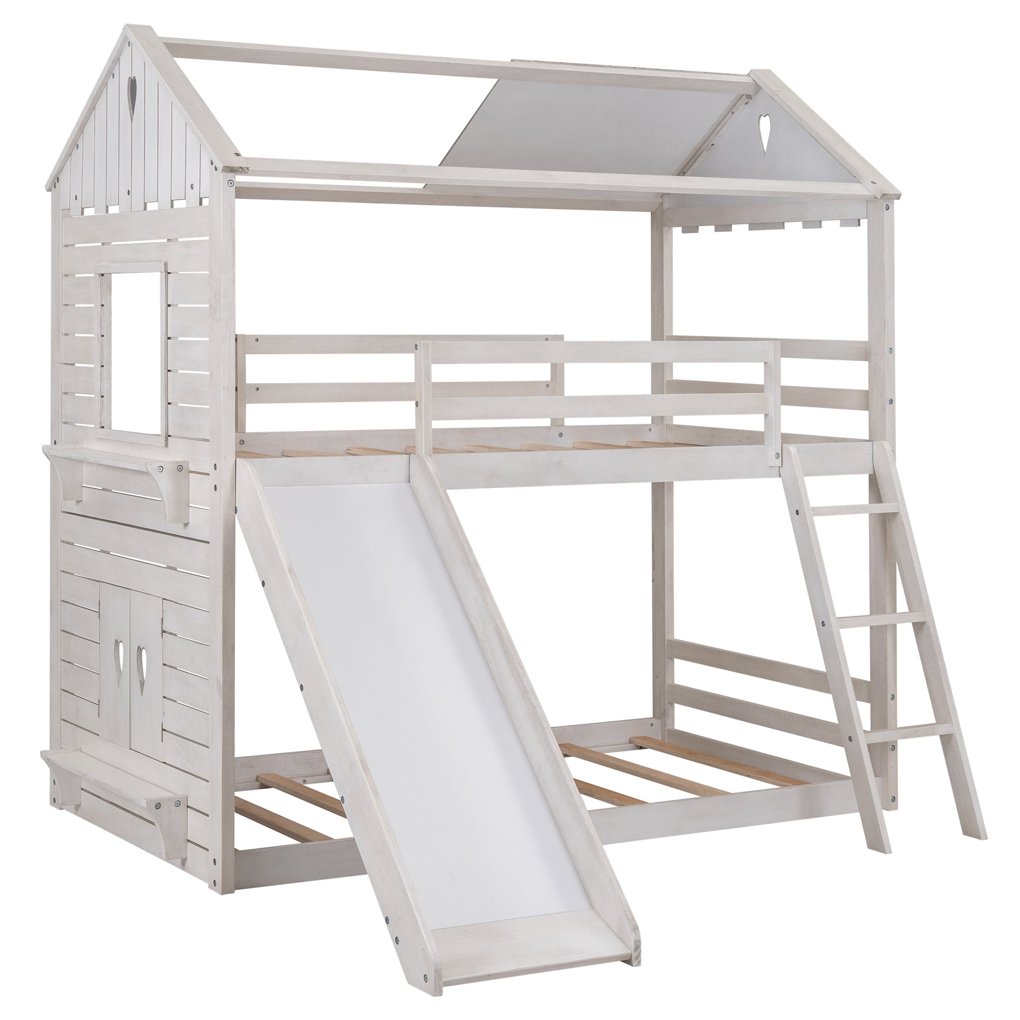 Twin Over Twin Bunk Bed Wood Bed with Roof, Window, Slide, Ladder for Kids, Teens, Girls, Boys ( Antique White )
