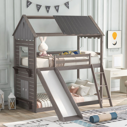 Twin Over Twin Bunk Bed Wood Bed with Roof, Window, Slide, Ladder for Kids, Teens, Girls, Boys ( Antique Gray )