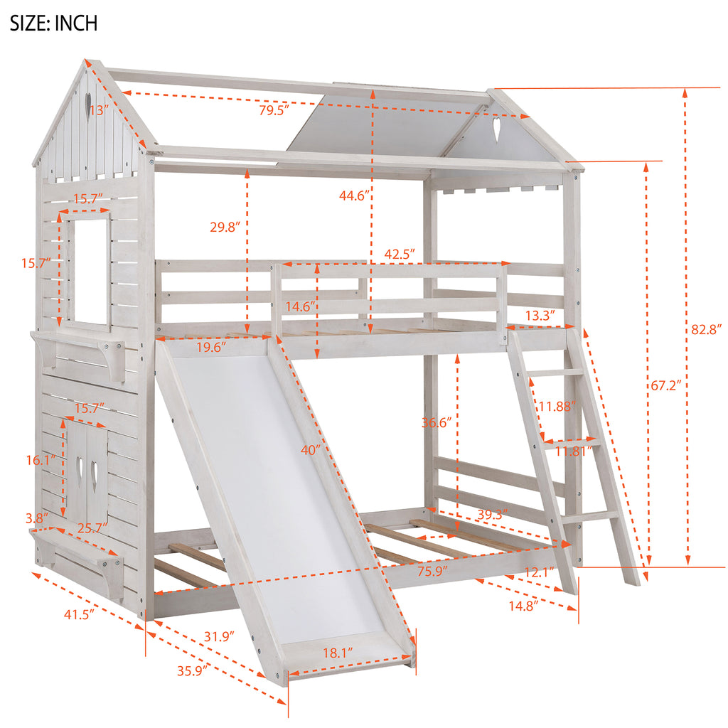 Twin Over Twin Bunk Bed Wood Bed with Roof, Window, Slide, Ladder for Kids, Teens, Girls, Boys ( Antique White )