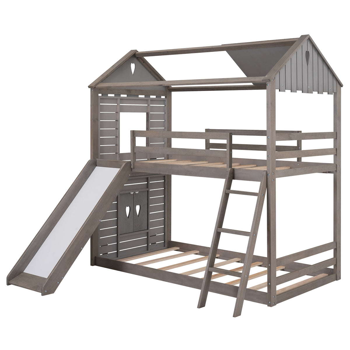 Twin Over Twin Bunk Bed Wood Bed with Roof, Window, Slide, Ladder for Kids, Teens, Girls, Boys ( Antique Gray )