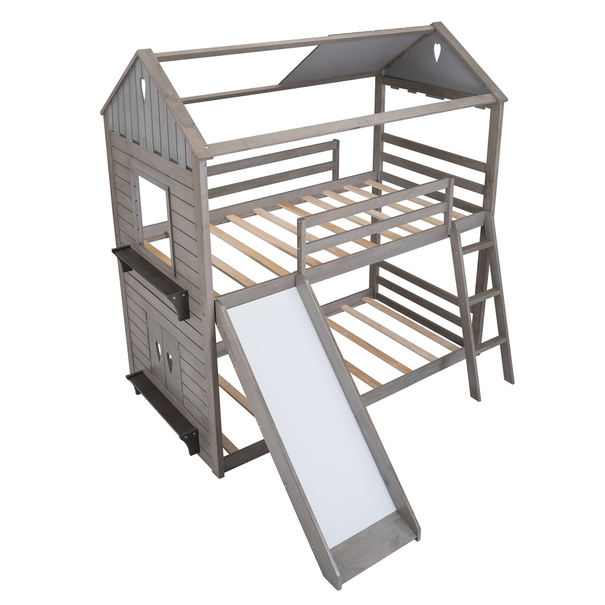 Twin Over Twin Bunk Bed Wood Bed with Roof, Window, Slide, Ladder for Kids, Teens, Girls, Boys ( Antique Gray )