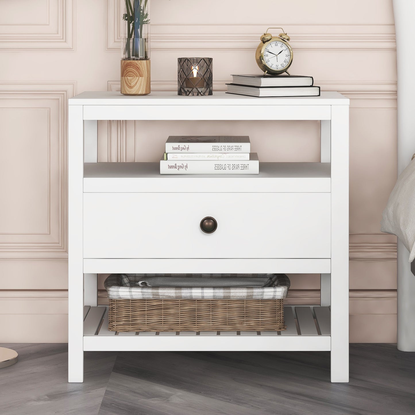 Modern Wooden Nightstand with Drawers Storage for Living Room/Bedroom, White(Expected arrival time 8.20)