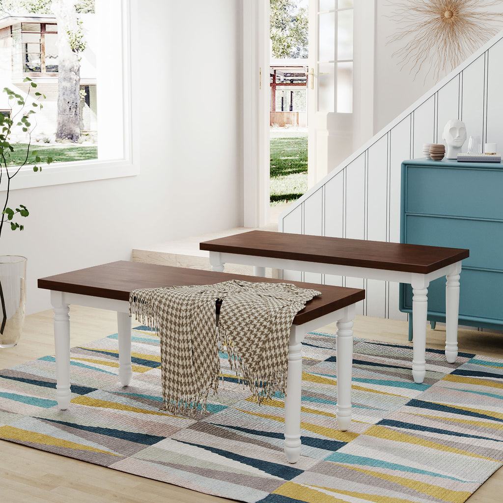 2-Piece Retro Farmhouse Solid Wood Kitchen Dining Benches Set,Cherry+White
