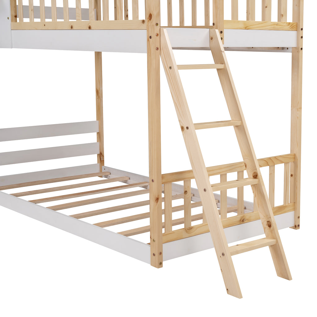 Twin Over Twin Bunk Bed Wood Bed with Roof, Window, Ladder for Kids, Teens, Girls, Boys ( Natural )
