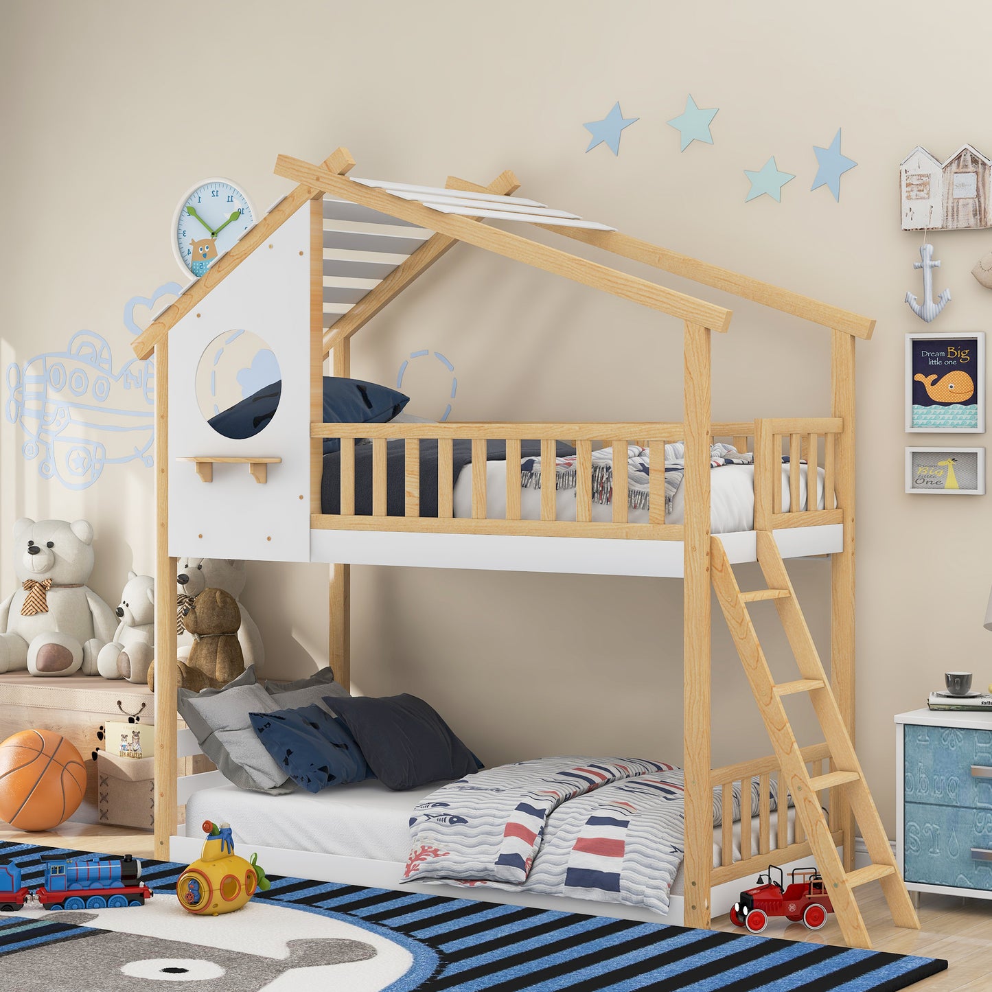Twin Over Twin Bunk Bed Wood Bed with Roof, Window, Ladder for Kids, Teens, Girls, Boys ( Natural )